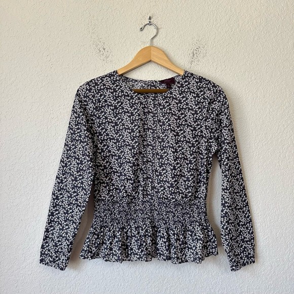 J. CREW Liberty L/S Floral Smocked Waist Blouse Top in Navy Sz S EUC W6947 - Picture 1 of 12
